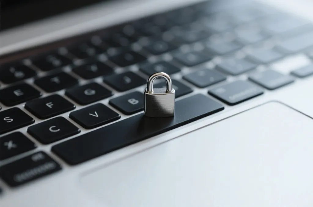 A high-quality close-up of a sleek laptop keyboard with a small shiny metallic padlock resting on the spacebar, symbolizing online account security, shallow depth of field